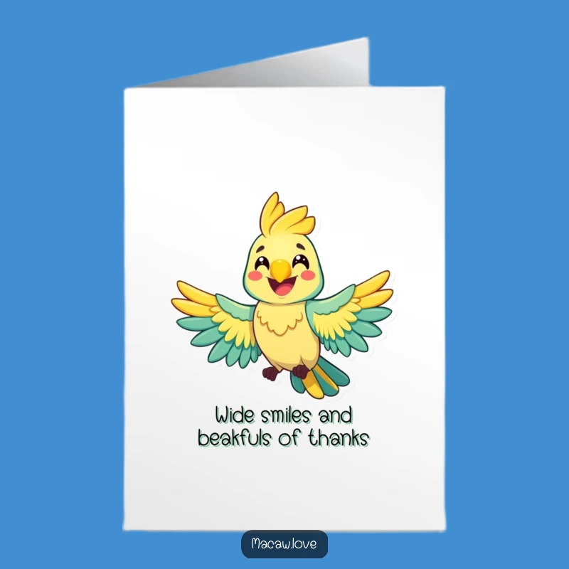 Free Printable Thank You Card: Cheerful Macaw Wings Spread - Downloadable Gratitude