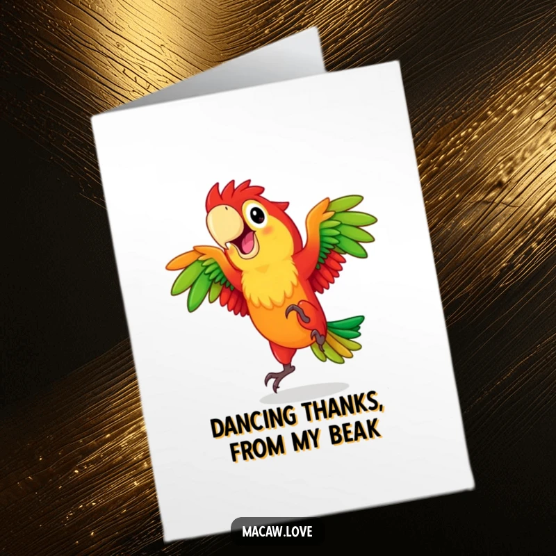 Funny Free Printable Thank You Card: A happy red and green macaw performing a lively, joyful dance.