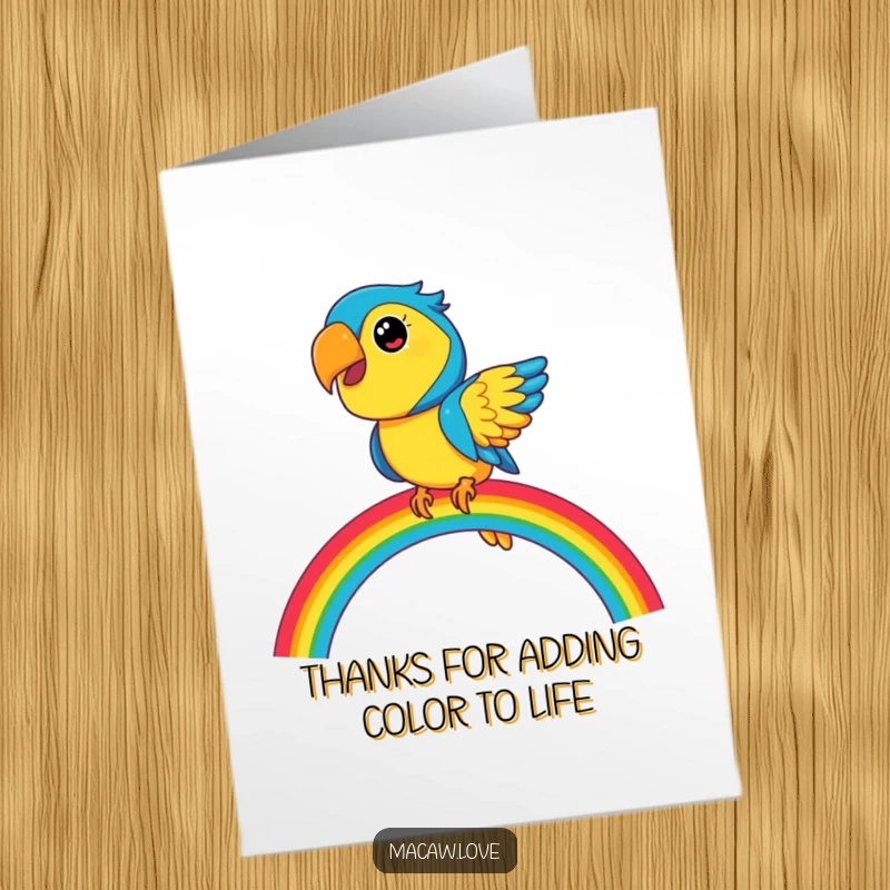 Funny Free Printable Thank You Card: A whimsical blue and yellow macaw balancing perfectly on a vibrant rainbow.