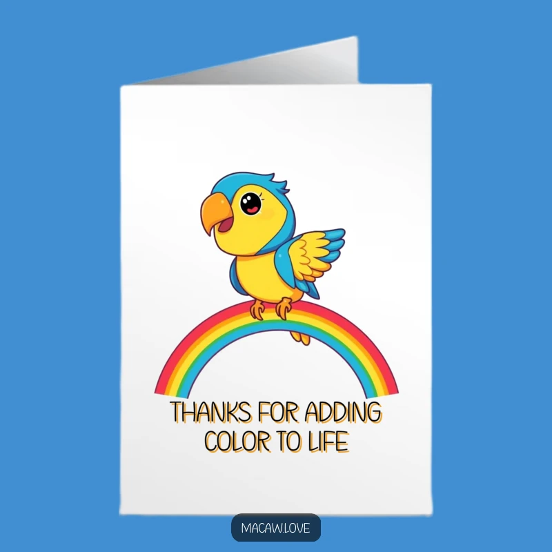 Free Printable Thank You Card: Playful Macaw Rainbow Balance - Downloadable Gratitude