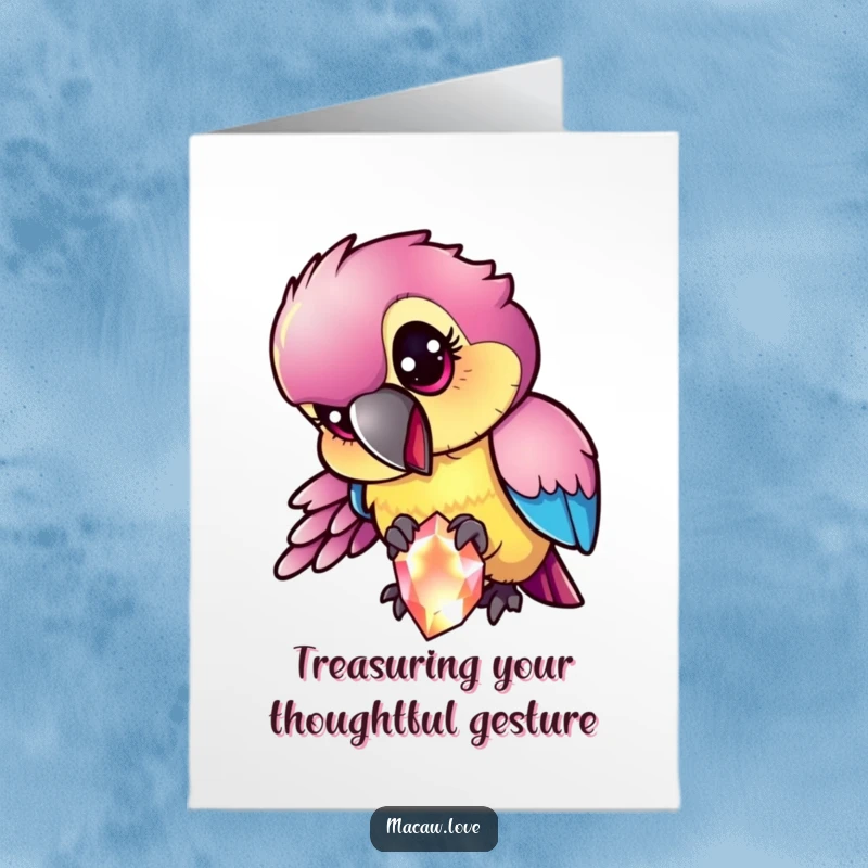 Funny Free Printable Thank You Card: A mischievous iridescent macaw playfully pecking at a shiny sparkling gem.