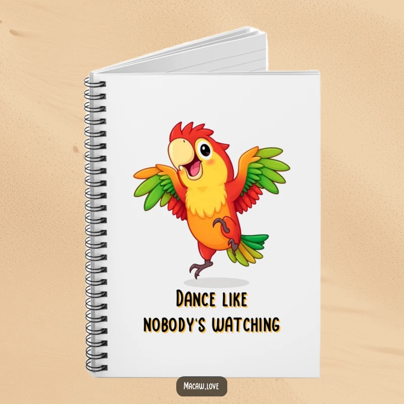 Funny red and green macaw character joyfully dancing, featured on a notebook for capturing creative thoughts and ideas.