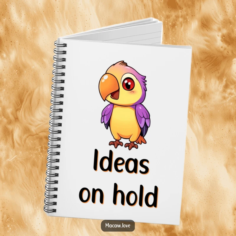 Funny purple and orange macaw character tilting its head inquisitively, featured on a notebook for recording thoughts.