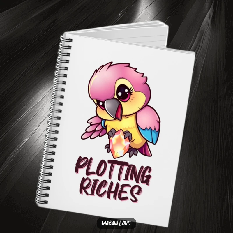 Funny mischievous macaw character with iridescent feathers pecking at a sparkling gem, featured on a notebook for recording plans.