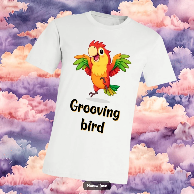 Funny red and green macaw character captured mid-dance, radiating happiness and vibrant energy on a fun t-shirt.