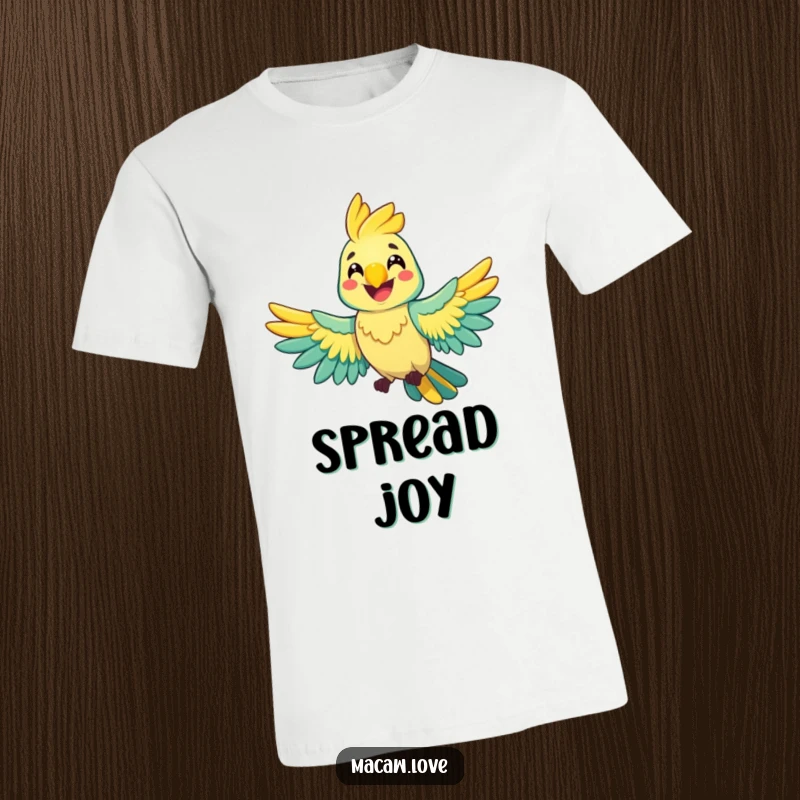 Funny cheerful macaw character spreading its wings wide with a happy grin, perfect for a t-shirt expressing joy.