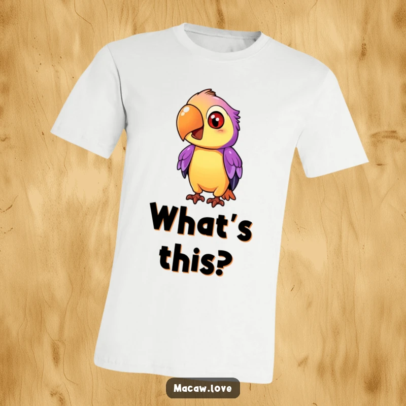 Funny purple and orange macaw character tilting its head inquisitively, designed for a t-shirt to express curiosity.