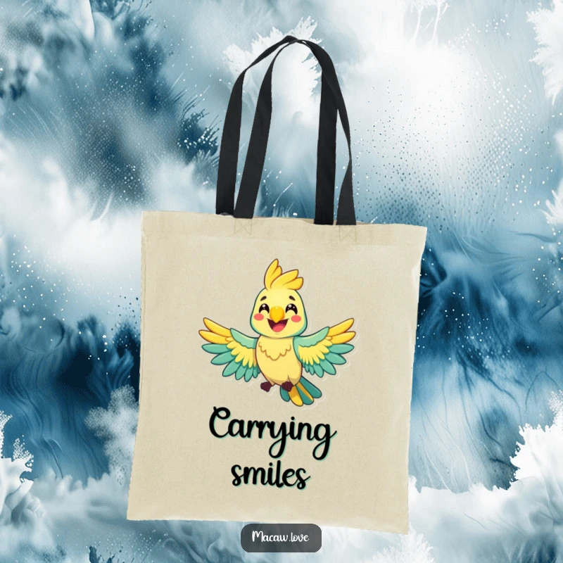 Funny cheerful macaw character spreading its wings wide with a happy grin, on a durable tote bag for everyday joy.