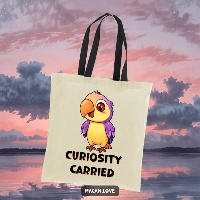 Funny purple and orange macaw character tilting its head inquisitively, on a durable tote bag for carrying essentials.