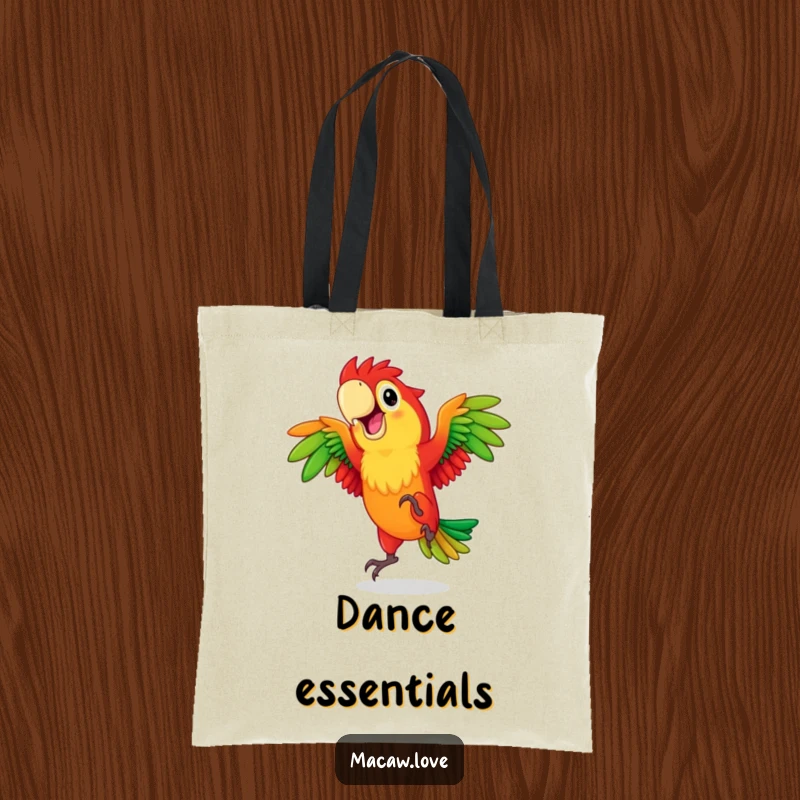 Funny red and green macaw character in a joyful dance pose, printed on a durable tote bag for everyday use.