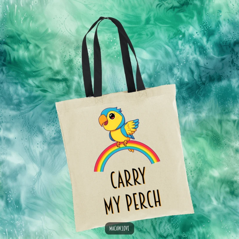 Funny blue and yellow macaw character balancing on a vibrant rainbow, featured on a durable tote bag for stylish carrying.