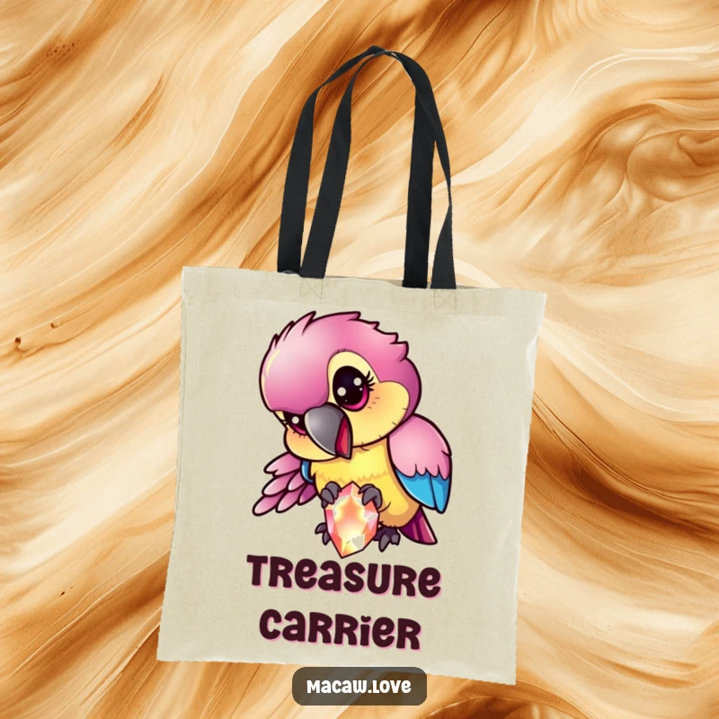 Funny mischievous macaw character with iridescent feathers pecking at a sparkling gem, on a durable tote bag for carrying treasures.